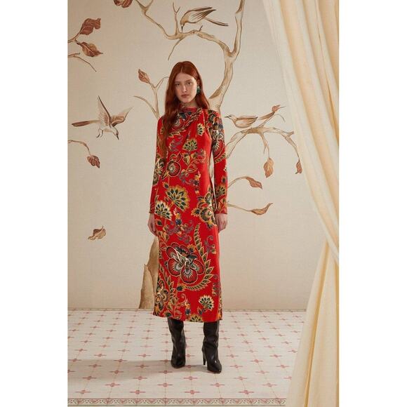 FARM Rio Dresses & Skirts - Farm Rio Floral Print Long Sleeve Midi Dress Red Blue Yellow Mandarin Collar